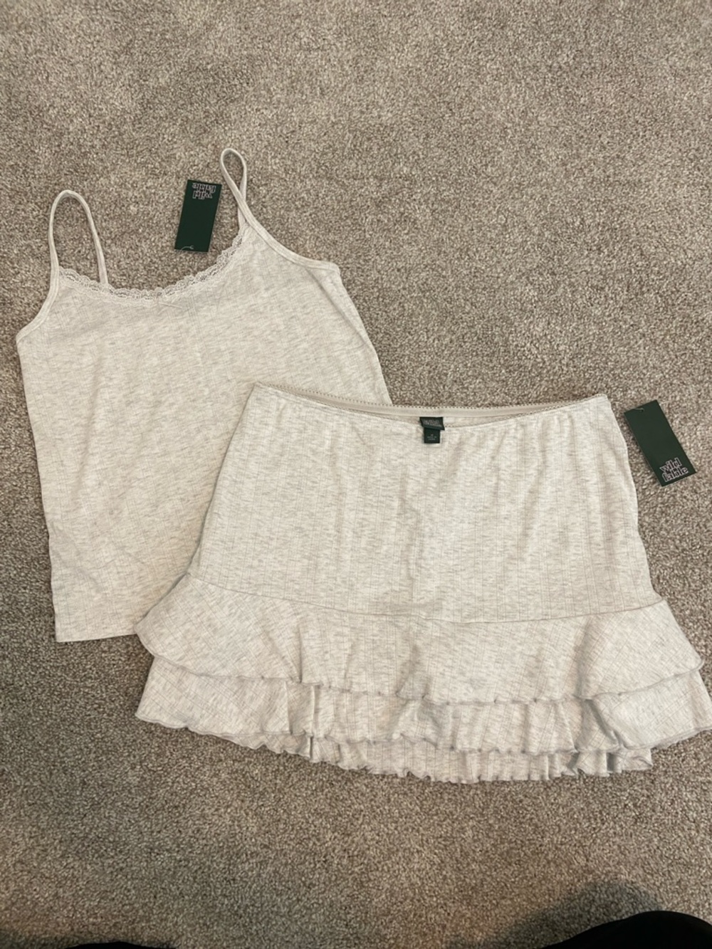 NWT Wild Fable Light Heather Beige Ruffled Skirt & Cami Set 🤍🫶🏻🌸
